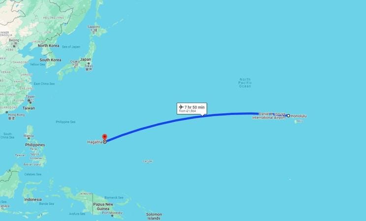 The flight route from Guam to Honolulu, Hawaii.
