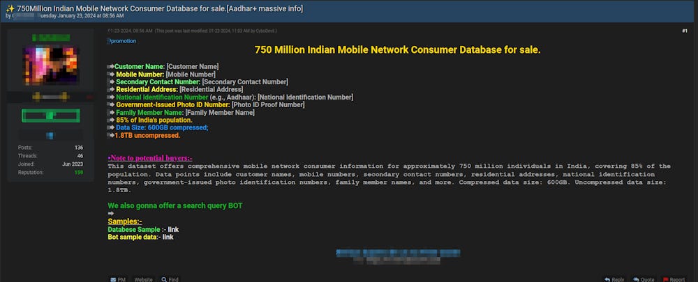 Ad on hacking forum advertising hacked Indian database