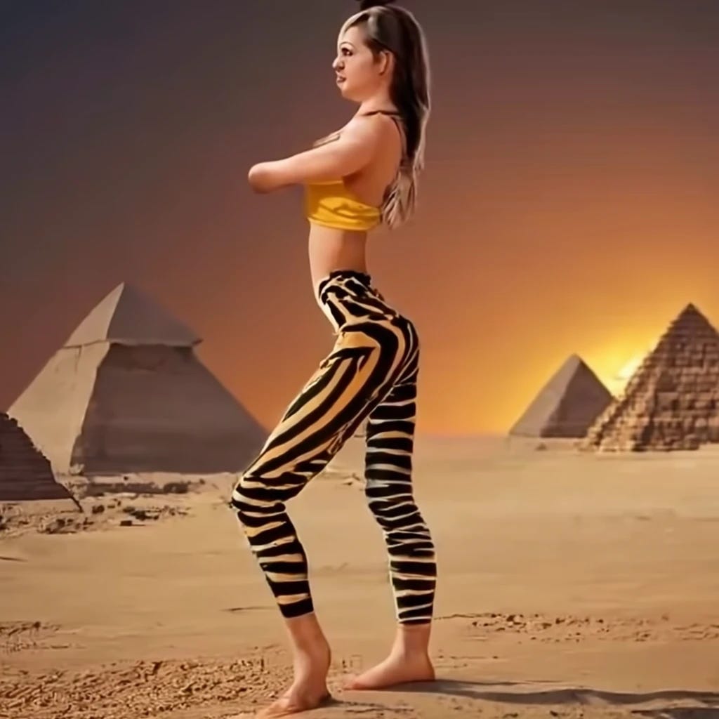Hot girl wearing tiger stripe yoga pants showing ass at Egyptian pyramids