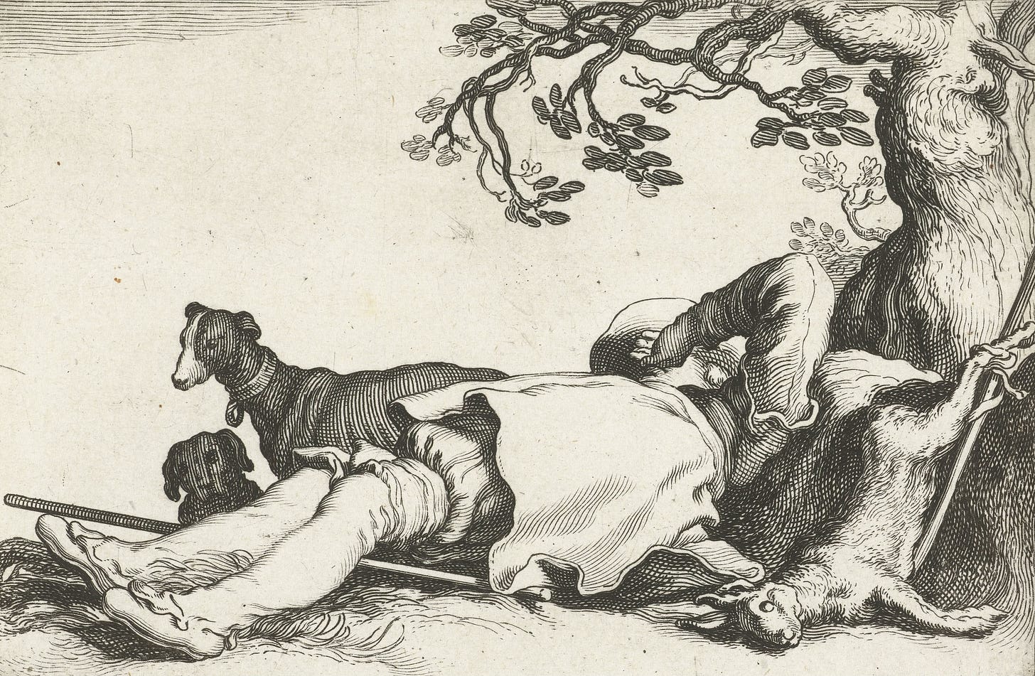 An etching of a hunter asleep beneath a tree, his dogs standing guard