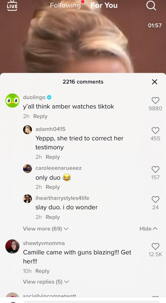 "Y’all think amber watches TikTok?" the official DuoLingo account commented beneath the clip on Tuesday. The comment has since been deleted. 