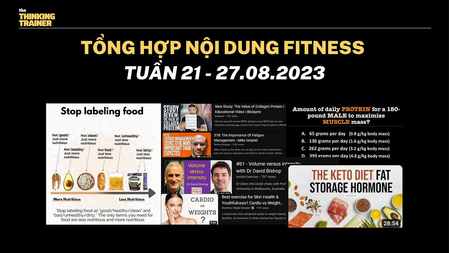 Có thể là hình ảnh về 5 người và văn bản cho biết 'the THINKING TRAINER Tá»NG HỢP NỘI DUNG FITNESS TUẦN 21- 27.08.2023 Stop labeling food Not Û Amount daily PROTEIN for 180- pound MALE maximize EXPECTED 65grmsper day mass) 130gramsp y(1.6g/kgby mspe a Volume versus intensity More Nutritious #61 Volume . Nutritious labn "good/healthy/clean" mass) nutritious CARDIO nutritious. ”? WEIGHTS THE KETO DIET FAT STORAGE HORMONE 28:54'