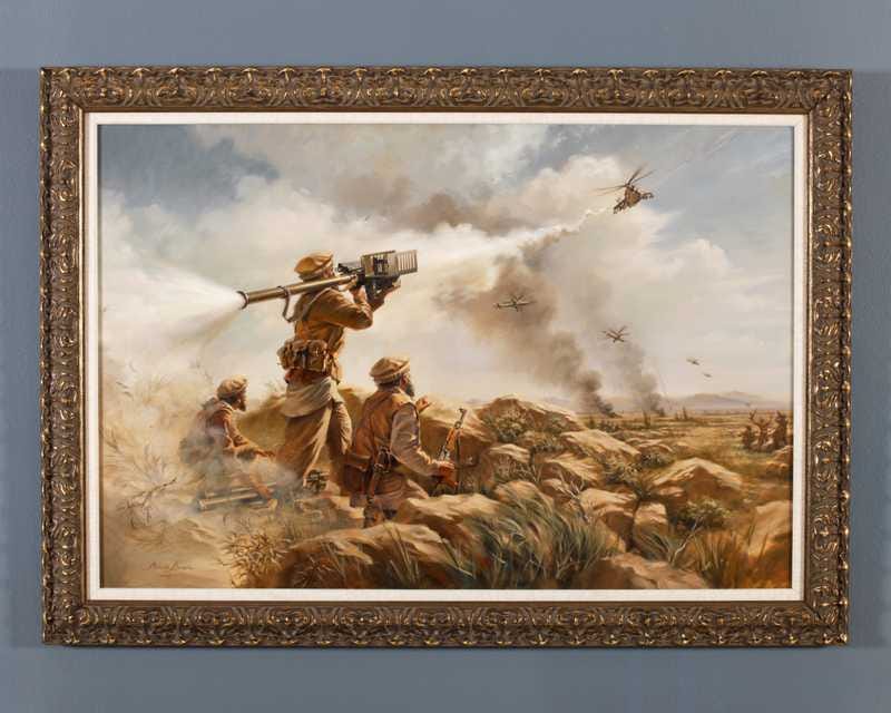 A painting of Mujahedin soldiers firing missiles from the ground at Soviet helicopters