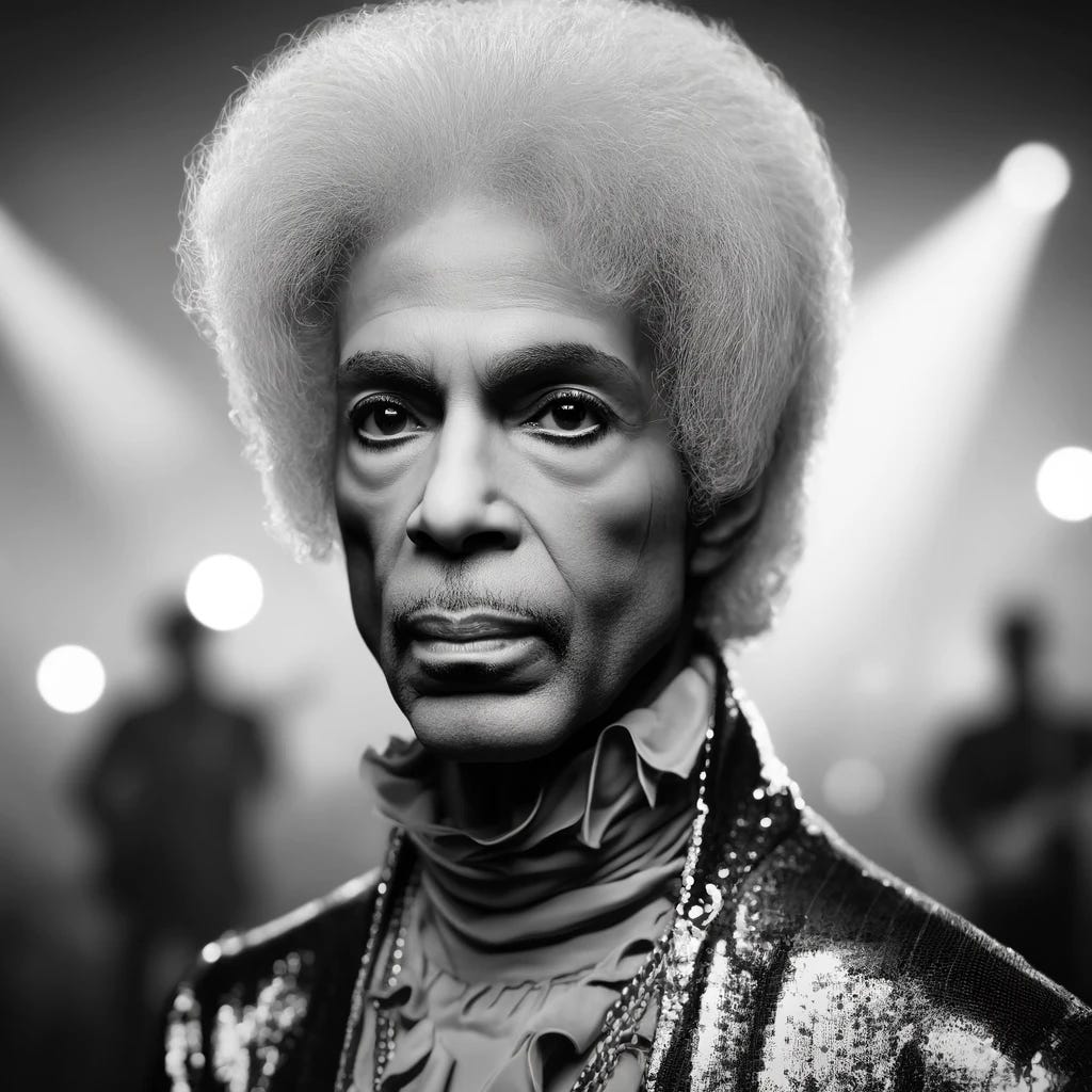 An aged African American man with extremely thin, nearly translucent hair, capturing the likeness of the musician known as Prince in his later years. His scalp should be mostly visible through the sparse, fine hair, signifying a more advanced age. His facial features remain iconic with pronounced cheekbones, and his eyes, edged with subtle eyeliner, should express a reflective intensity. His outfit includes a glimmering sequined jacket and an elegant, ruffled shirt in homage to Prince's unique fashion legacy. The background is a soft blur of stage lights and a crowd, all in monochrome to emphasize the timeless aura of the man in focus.