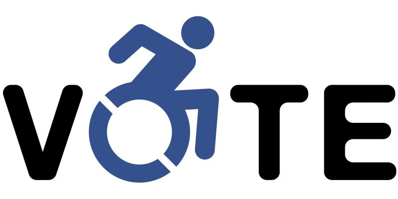 Vote in big letters, with letter O incorporated into a wheelchair in motion symbol