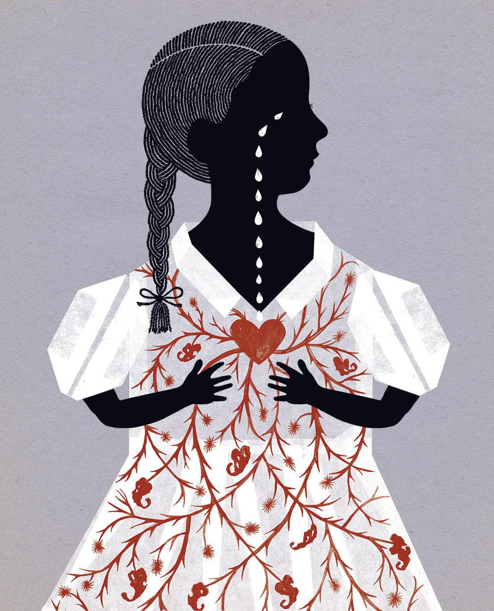 A two-dimensional figure of a little girl with a braided pony tail looks off to the right of the image in profile, with a trail of tears on her cheek. She wears a white dress with a red pattern that incudes branches, peppers and a heart in the centre.