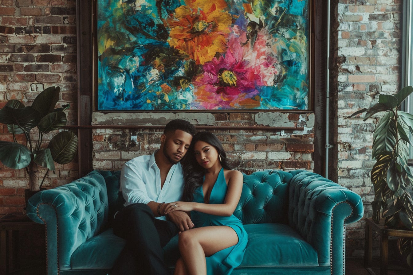Abstract painting above a couple on a couch