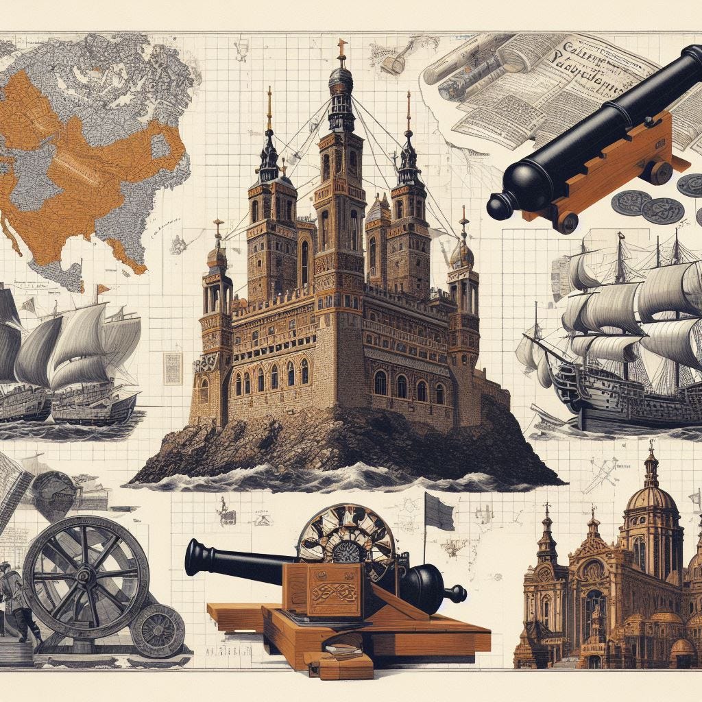 A collage of images representing the runaway processes that transformed Europe, such as a map of exploration routes, a castle, a printing press, a cannon, and a church