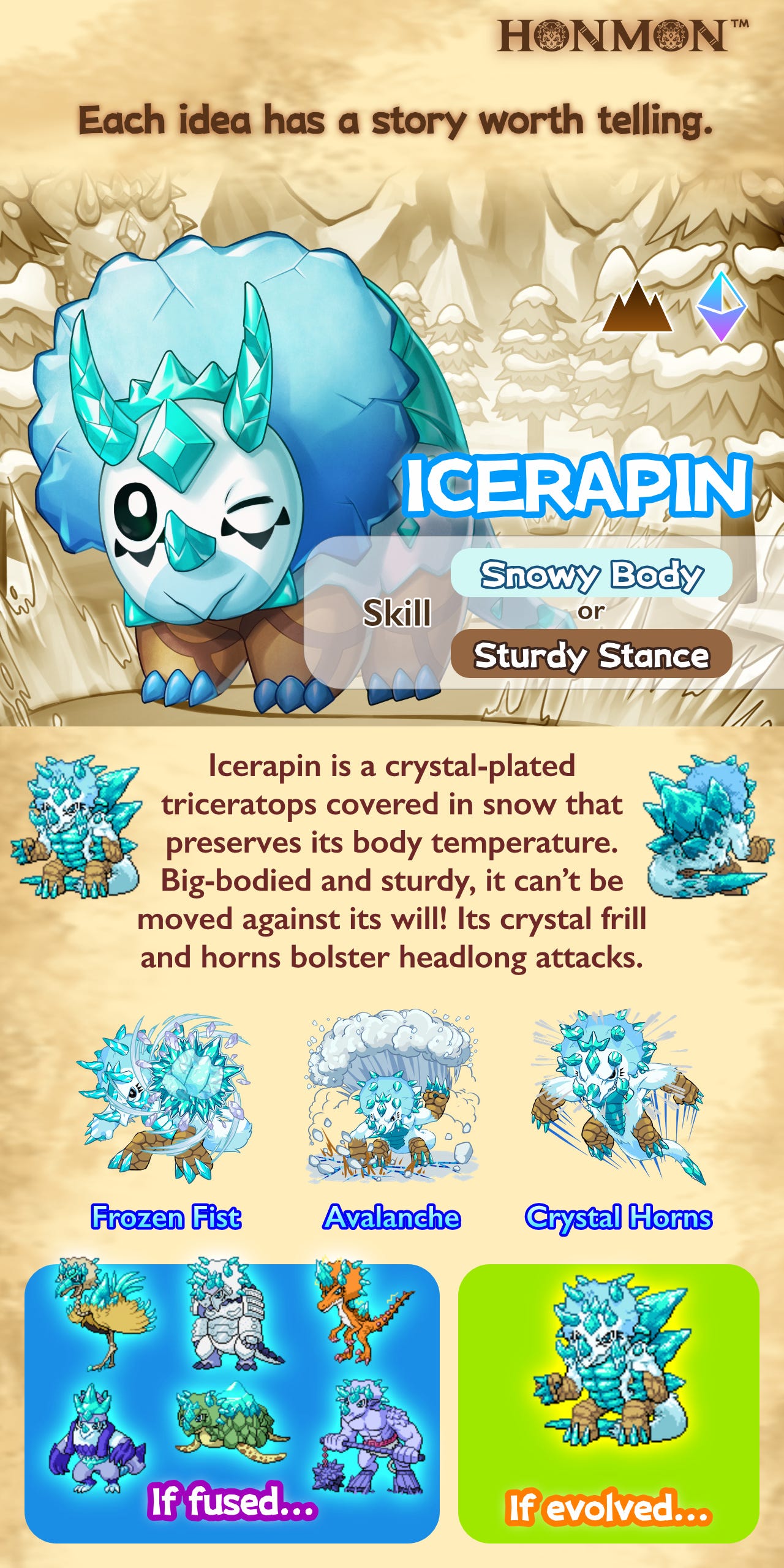 Icerapin evolves into a crystal-plated triceratops covered in snow that preserves its body temperature. Big-bodied and sturdy, it can’t be moved against its will! Its crystal frill and horns bolster headlong attacks. Moves inheritable through fusion include Rockhead Ram, Icequake, Gemstone Tail, Icequake, and Snow Shards. Skills Snow Body, Sturdy Stance, and Rock Frill remain intact!