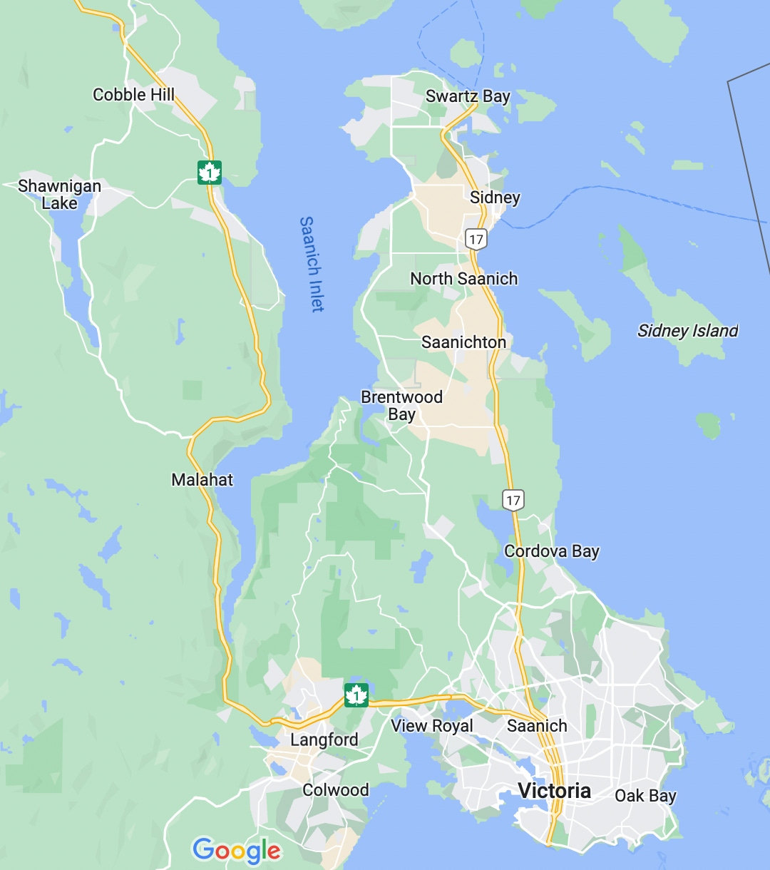 A map that shows a peninsula that rises from the base of Vancouver Island, with Victoria and Oak Bay at the bottom and Sidney and Swartz Bay at the tip, the peninsula narrowing as it rises to the north.