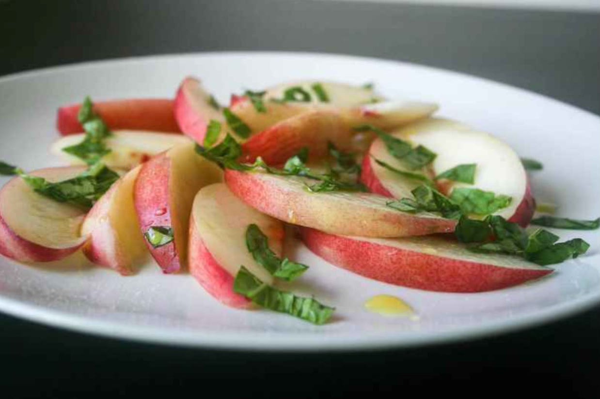 nectarine salad with basil, olive oil, and salt