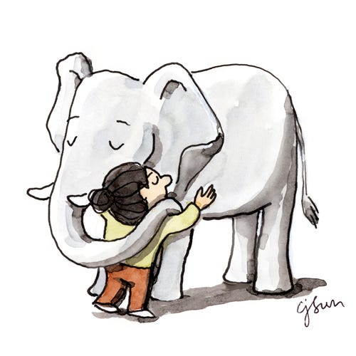 Watercolor and ink drawing of a cartoon girl with a bun hugging a large elephant, by Connie Sun, cartoonconnie