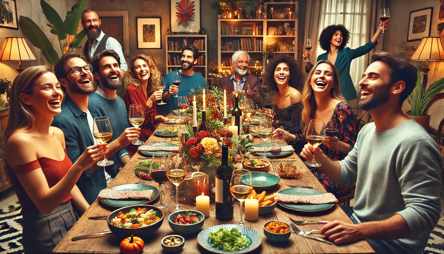 A lively dinner party scene with ten diverse and interesting people of varying ages, ethnicities, and personalities, all enjoying themselves in a cozy and stylish home setting. The dining table is beautifully set with an assortment of dishes, glasses of wine, and vibrant decorations. Guests are animated, some laughing, others engaged in conversation, and a couple of them clinking glasses for a toast. The ambiance is warm with soft lighting, candles, and a welcoming atmosphere. The background includes tasteful home decor, such as bookshelves, art on the walls, and plants.