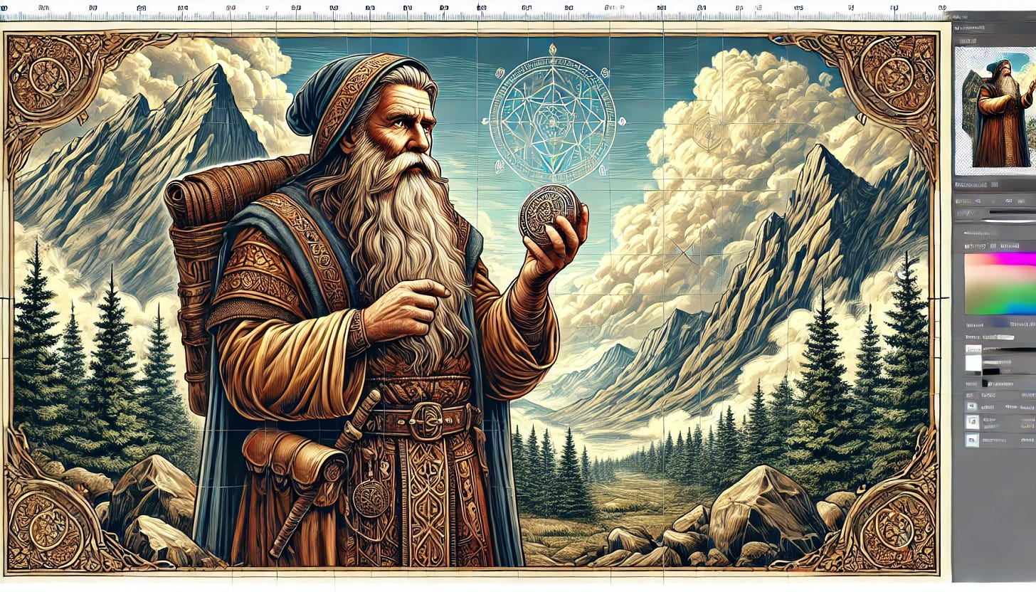 A detailed illustration of an elderly bearded man in medieval attire holding a mystical artifact. Extend the background to fit a 14:10 aspect ratio, including rugged mountainous terrain, steep cliffs, pine trees, and a dramatic sky with clouds. Ensure the scene has a fantasy-like atmosphere with intricate details, blending seamlessly with the original background.