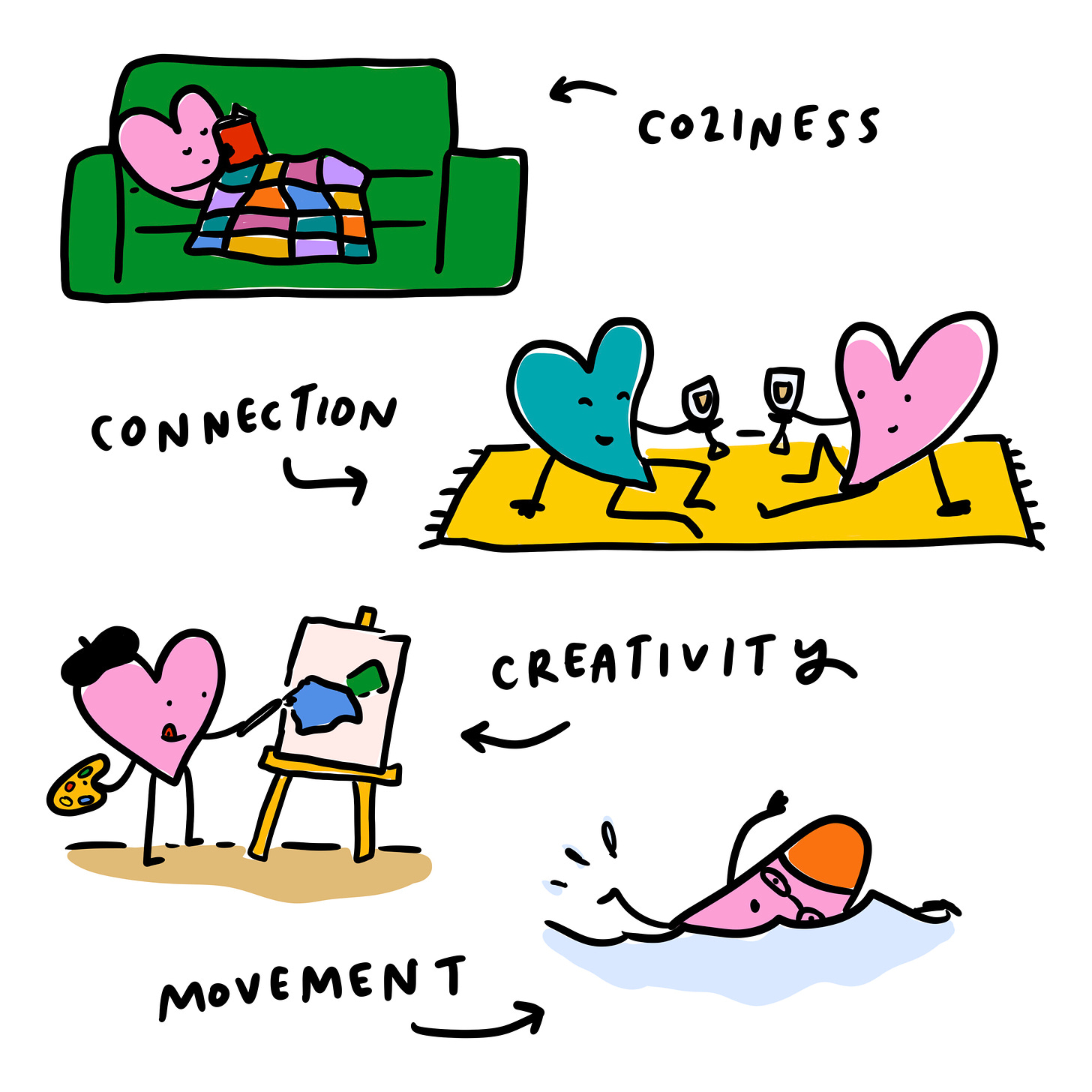 coziness, connection, creativity, movement