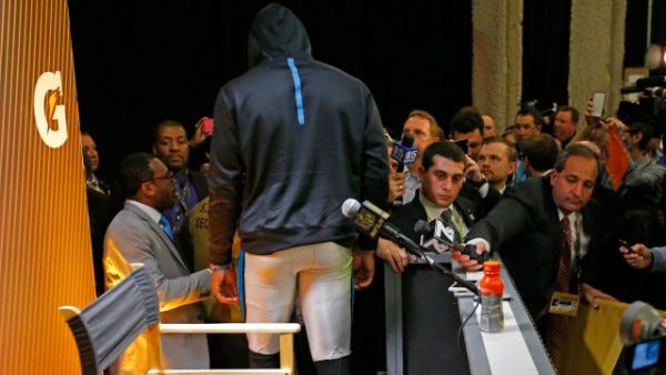 cam newton walks out on super bowl 50 press conference