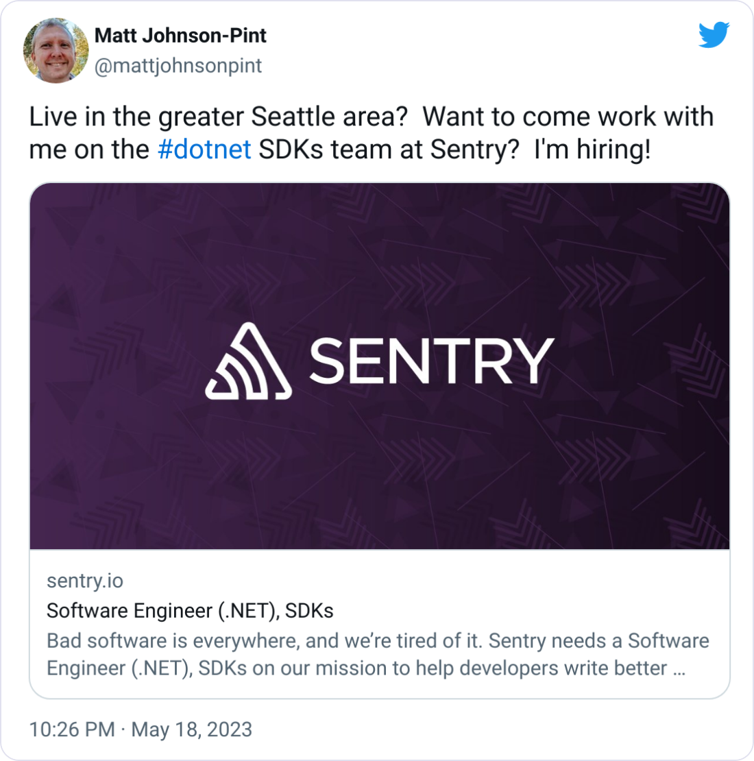 Matt Johnson-Pint @mattjohnsonpint Live in the greater Seattle area?  Want to come work with me on the #dotnet SDKs team at Sentry?  I'm hiring!