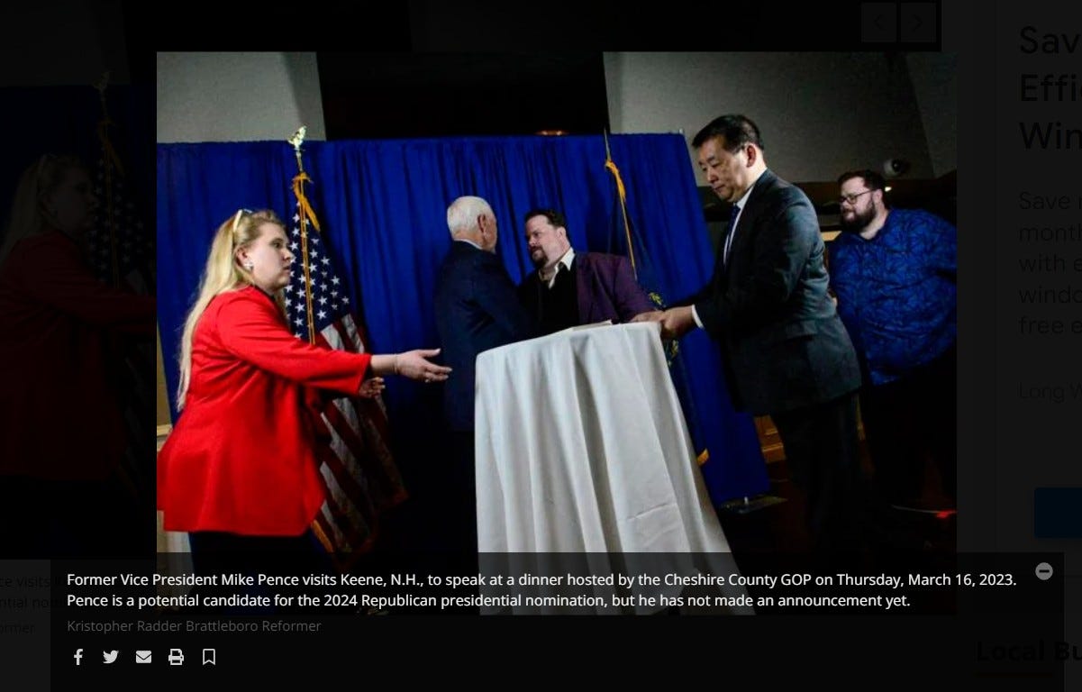 May be an image of 6 people, people standing and text that says 'Former Vice President Mike Pence visits Keene, N.H., to speak at dinner hosted by the Cheshire County GOP onThursday March 16, 2023 Pence isa potential candidate for the 2024 Republican presidential nomination, but he has not made an announcenty yet.'