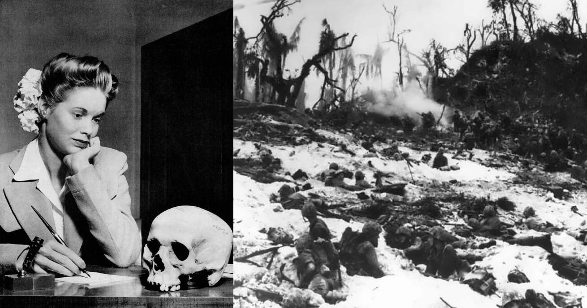 Two images from World War II: in the first, a woman looks at a skull sent by her soldier afield. In the other, marines are in their foxholes, in the Pacific Theatre, blending with the wildness of nature.