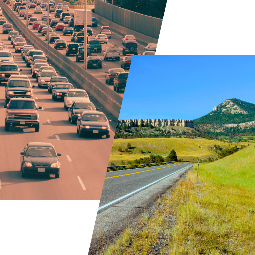Two overlapping images. The one on the left is angled on its right side and depicts a busy highway with many cars moving toward the viewer and away. It is tinted a dull pink. The other image is angled on its left side and is in front of the highway image. This one depicts a paved road through a grassy field and heading toward beautiful mountains. There are no cars on the road, and the sky is bright blue.