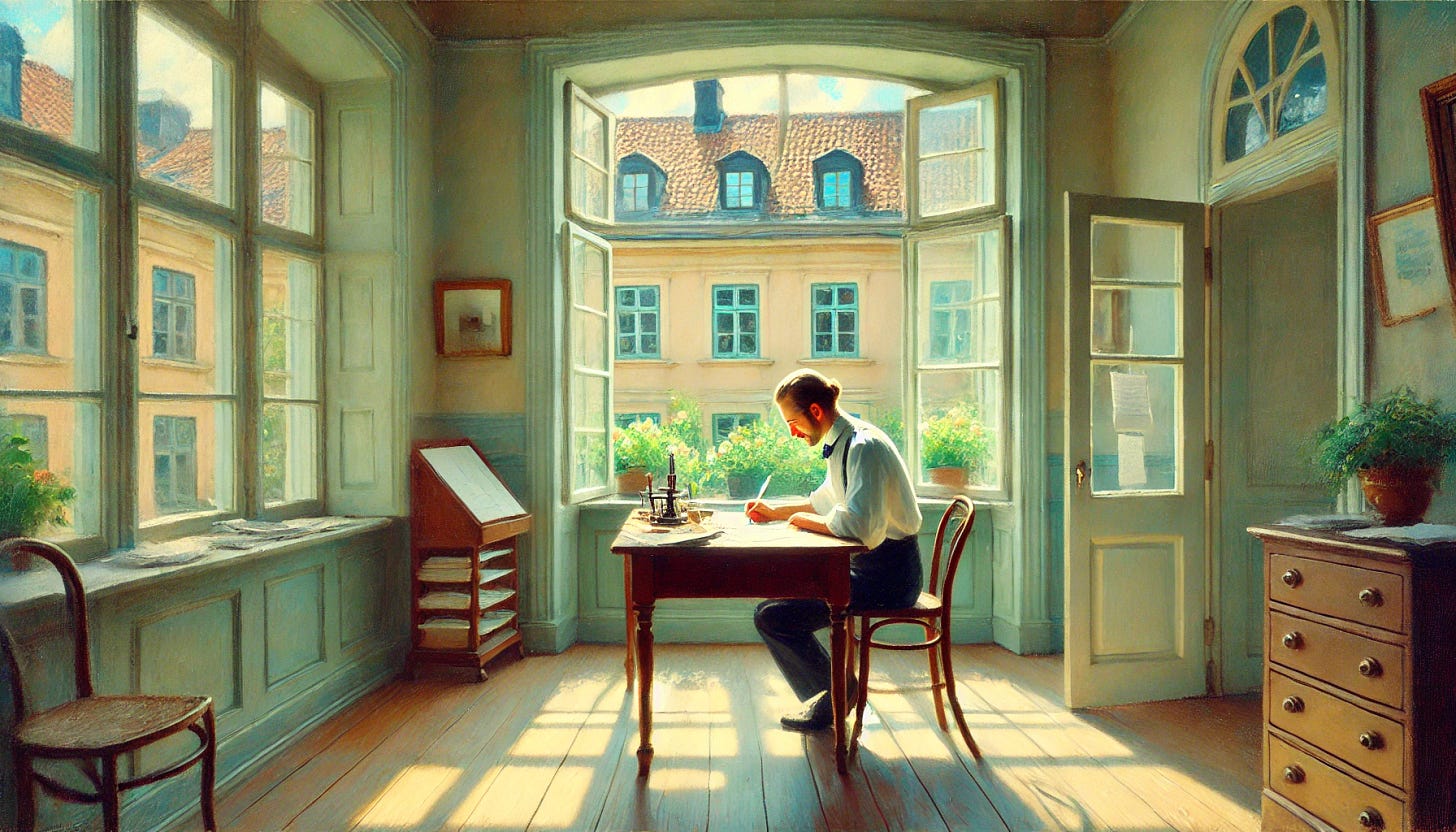 An impressionistic oil painting inspired by Fritz Syberg's style, depicting a disciplined office worker diligently working late into the day to complete his task. The worker is seated at a simple wooden desk by a large window that lets in soft, dappled sunlight. His posture is focused yet calm, and the desk is organized with papers, a ledger, and a quill pen. The room has an old-world charm, with wooden floors and a view of classic European buildings with tiled roofs and flower boxes. The scene is bathed in gentle pastel tones—muted greens, pale blues, and warm creams—capturing the serene atmosphere of a peaceful, sunny day. The composition highlights the worker's dedication within a tranquil and timeless setting.