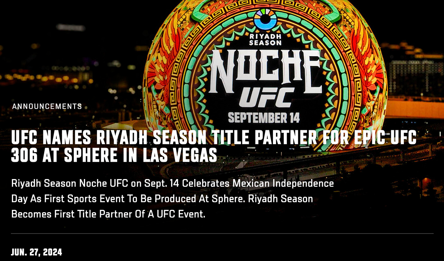 UFC Names Riyadh Season Title Partner For Epic UFC 306 At Sphere In Las Vegas Riyadh Season Noche UFC on Sept. 14 Celebrates Mexican Independence Day As First Sports Event To Be Produced At Sphere. Riyadh Season Becomes First Title Partner Of A UFC Event.