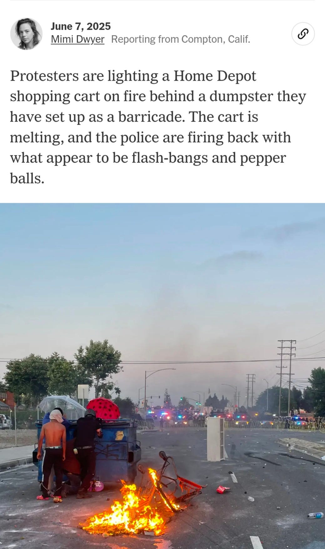Protesters are lighting a Home Depot shopping cart on fire behind a dumpster they have set up as a barricade. The cart is melting, and the police are firing back with what appear to be flash-bangs and pepper balls.

The photo displays three protesters huddled behind a dumpster, with a line of police in the background
