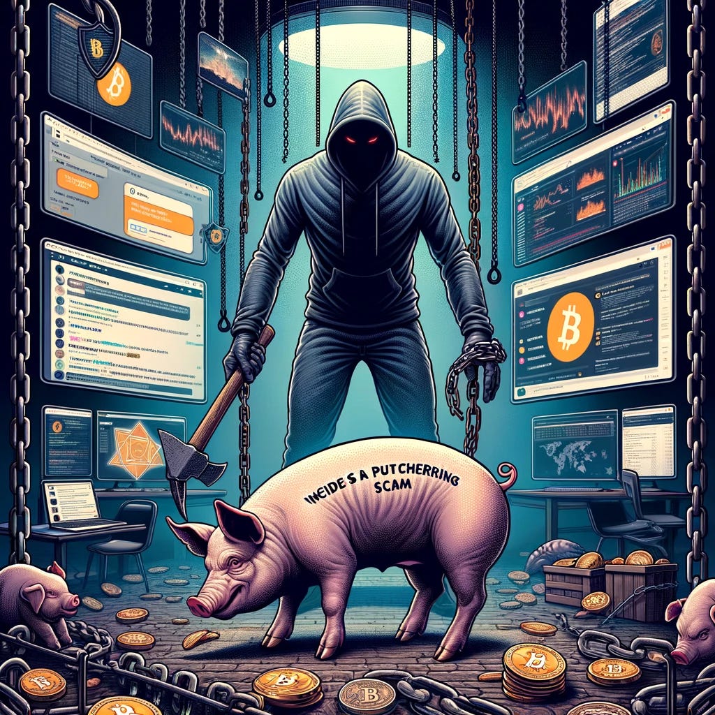 A detailed graphic illustrating 'Inside a Pig Butchering Scam'. The graphic should depict a metaphorical representation of the scam process, featuring a large, menacing figure metaphorically 'fattening' a pig labeled 'Victim's Trust', set against a backdrop of digital screens showing fake cryptocurrency investment sites. Include visual elements like deceptive chat messages, digital currency symbols, and a shadowy online landscape. The overall tone should be dark and cautionary, emphasizing the predatory nature of the scam. Add subtle elements like a computer mouse and keyboard, and chains representing the victims' entrapment.
