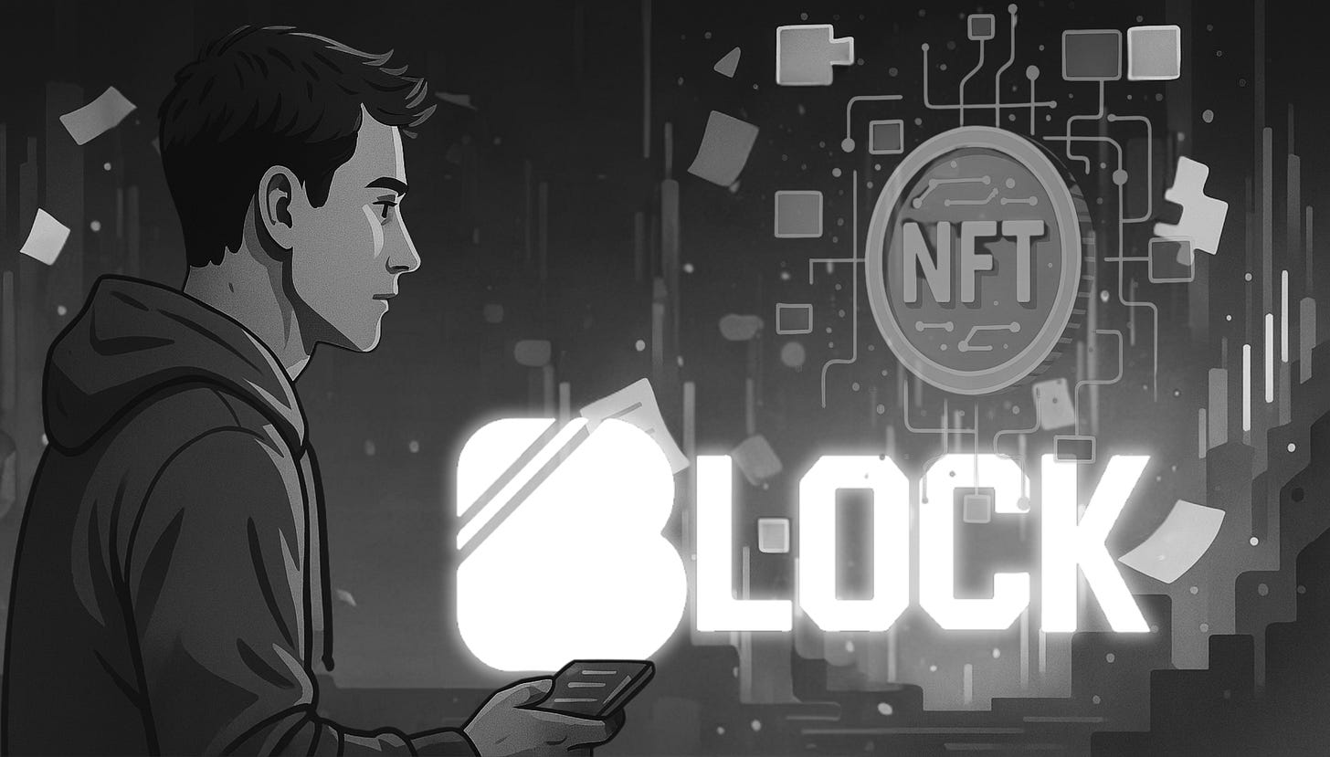 A grayscale digital illustration of a young man in a hoodie holding a smartphone, gazing at a large glowing NFT coin surrounded by circuit-like connections. The background features floating digital elements like papers and blocks. The foreground prominently displays a glowing white logo and the word 'BLOCK' in bold, futuristic font.