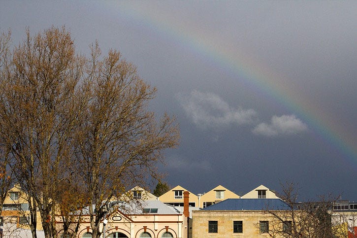 A rainbow over the buildings of Salamanca Place in Hobart.