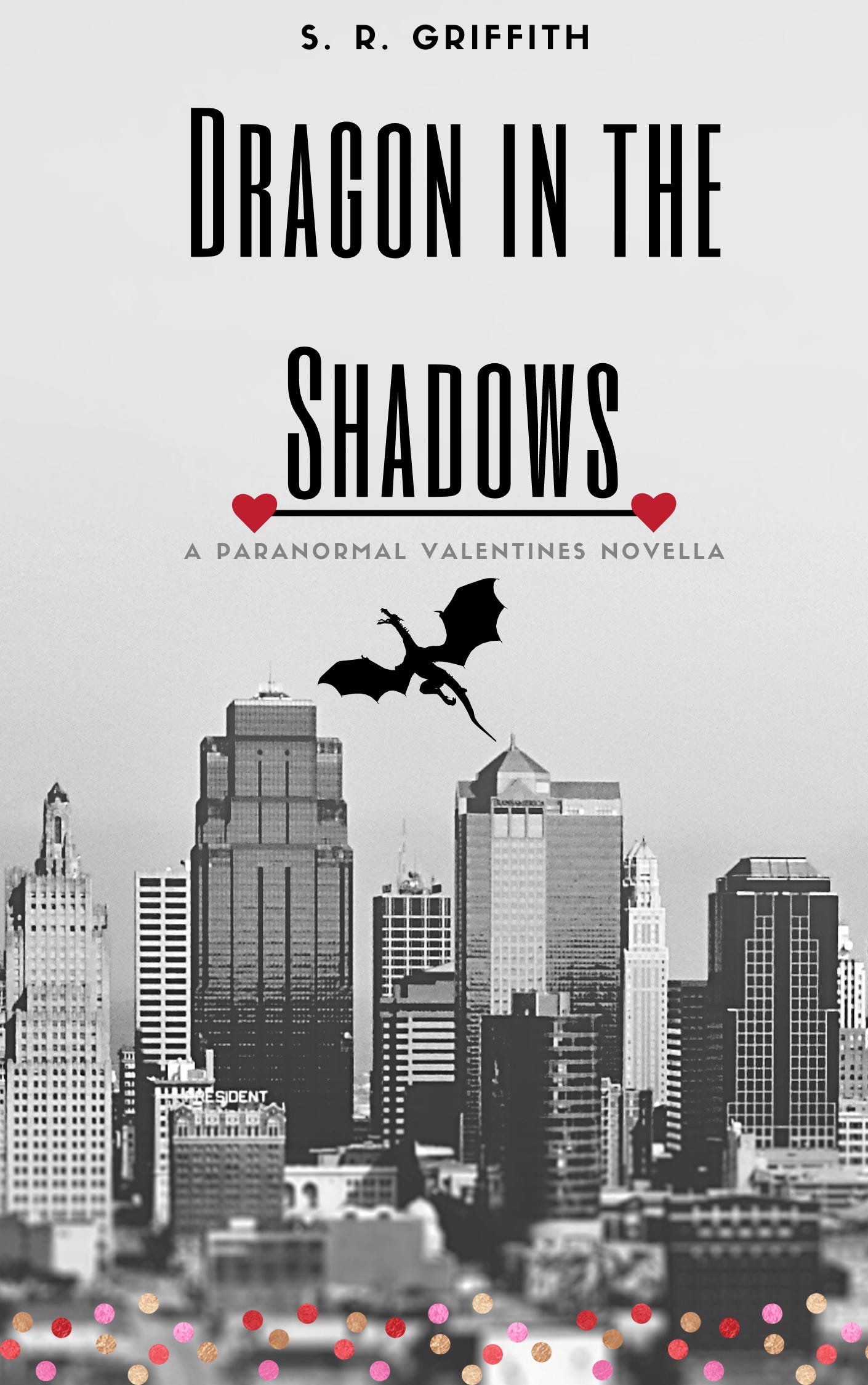 Book cover: Dragon in the Shadows: a city with a dragon flying above it