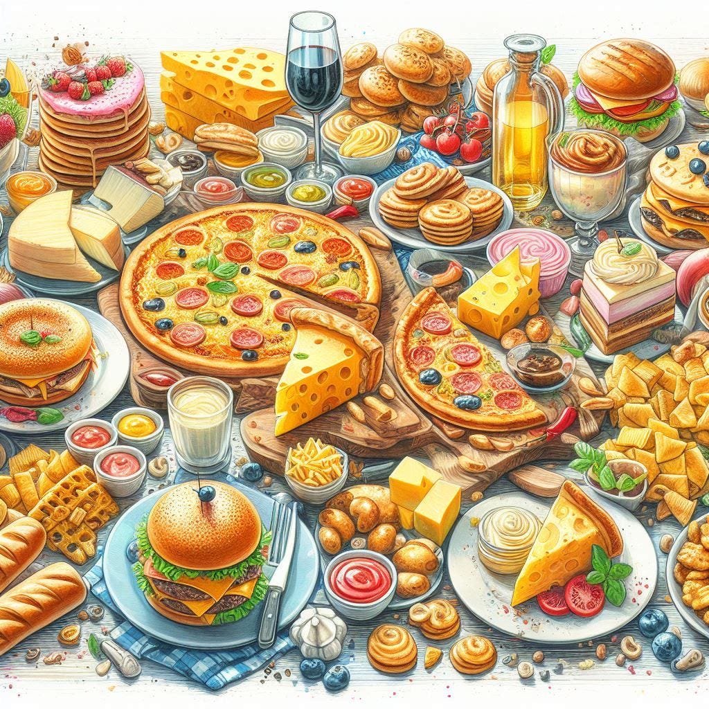 A large banquet table filled with at least 20 delicious dishes featuring different foods with cheese, including pizza, cheeseburgers, cheesecakes, cheese and crackers, mac and cheese, wine and cheese.