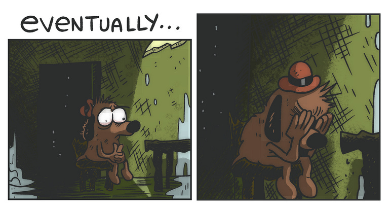 The updated conclusion to Green's "On Fire" comic. The dog, having put out the fire, sits in the burned room and holds his head in his hands.