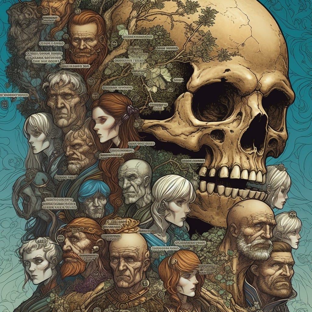 Genealogical family tree populated with male skulls, close-up. Amazing comic book painting by greg hildebrandt and mark brooks, Ivan Bilibin and Walter Crane