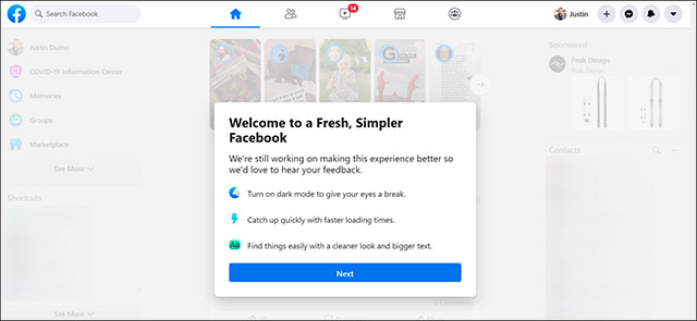 A modal from Facebook asking users to opt into their new UI.