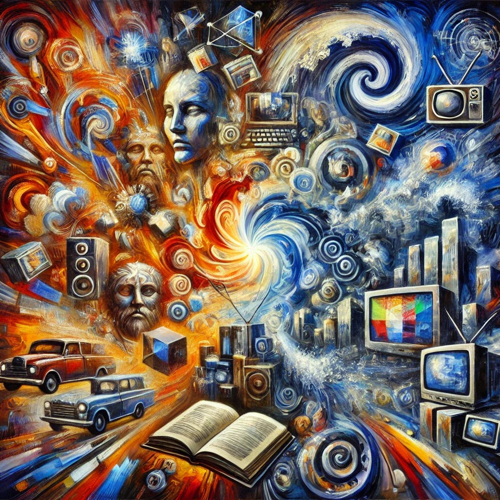 An oil painting with thick brush strokes depicting the transformation of culture through media. The image should be abstract yet evocative, showing a chaotic fusion of old and new communication forms—oral storytelling, print, television, and digital screens—all merging into a swirling vortex of colors and imagery. The painting should convey a sense of both wonder and distortion, with elements of human faces, books, screens, and broadcast signals blending together. The color palette should be rich and bold, emphasizing deep blues, fiery oranges, and dramatic contrasts.