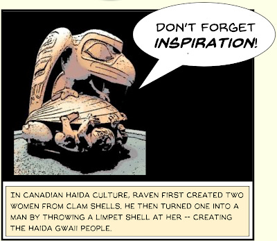Poster panel reading, "Don't forget inspiration! In Canadian Haida culture, Raven first created two women from clam shells. He then turned one into a man by throwing a limpet shell at her – creating the Haida Gwaii people."