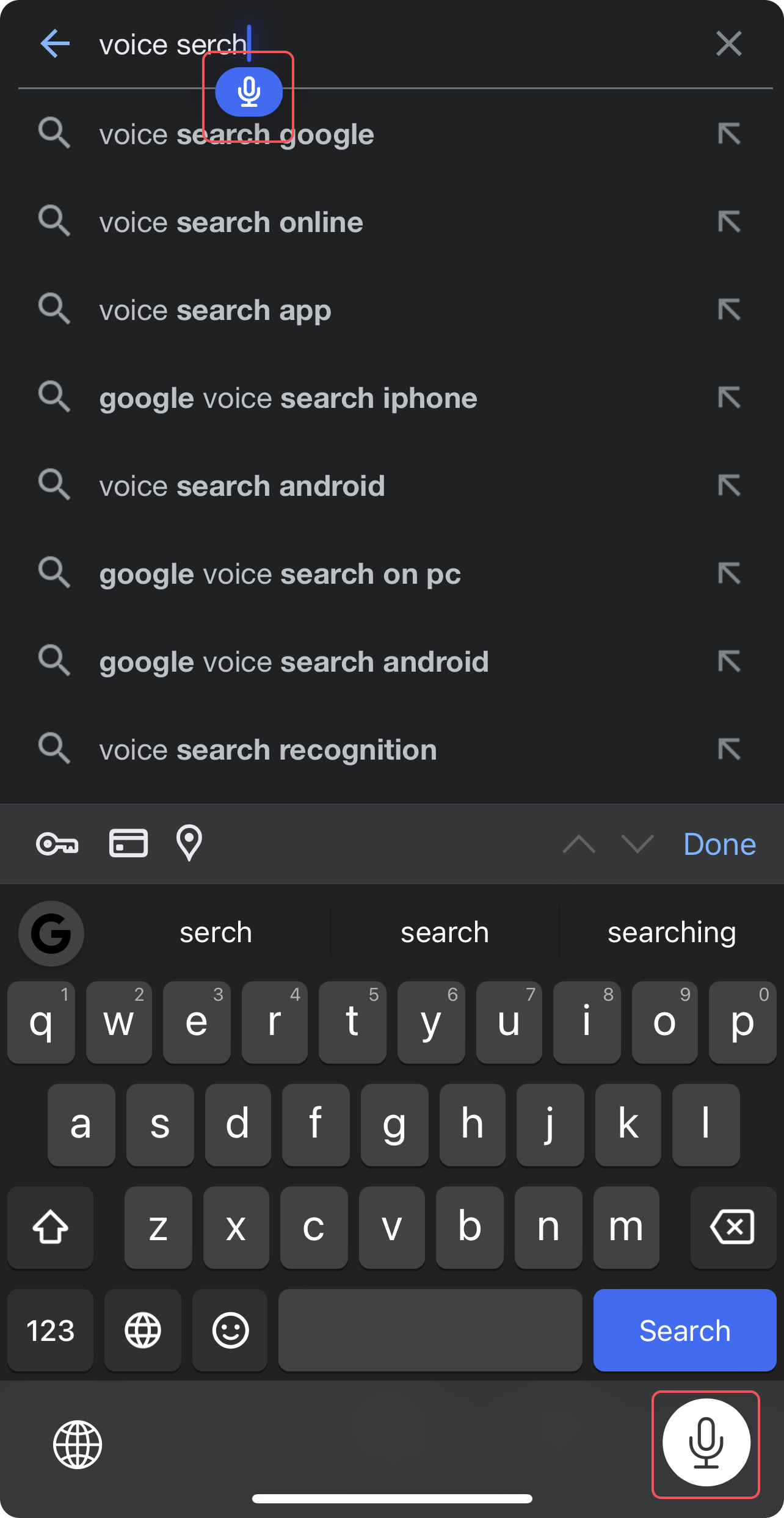 Phone screen showing someone searching using voice commands