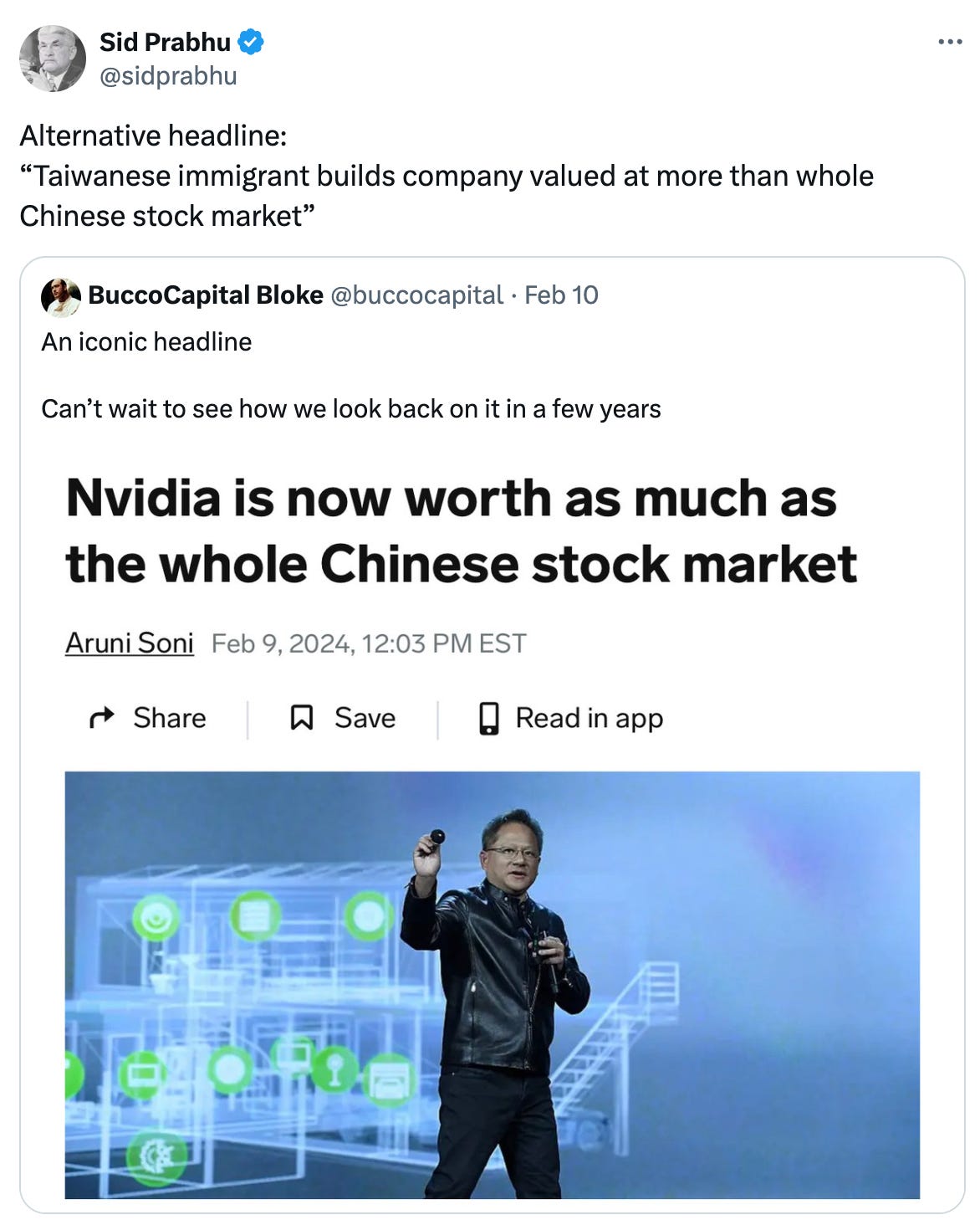  See new posts Conversation Sid Prabhu @sidprabhu Alternative headline:  “Taiwanese immigrant builds company valued at more than whole Chinese stock market” Quote BuccoCapital Bloke @buccocapital · Feb 10 An iconic headline  Can’t wait to see how we look back on it in a few years