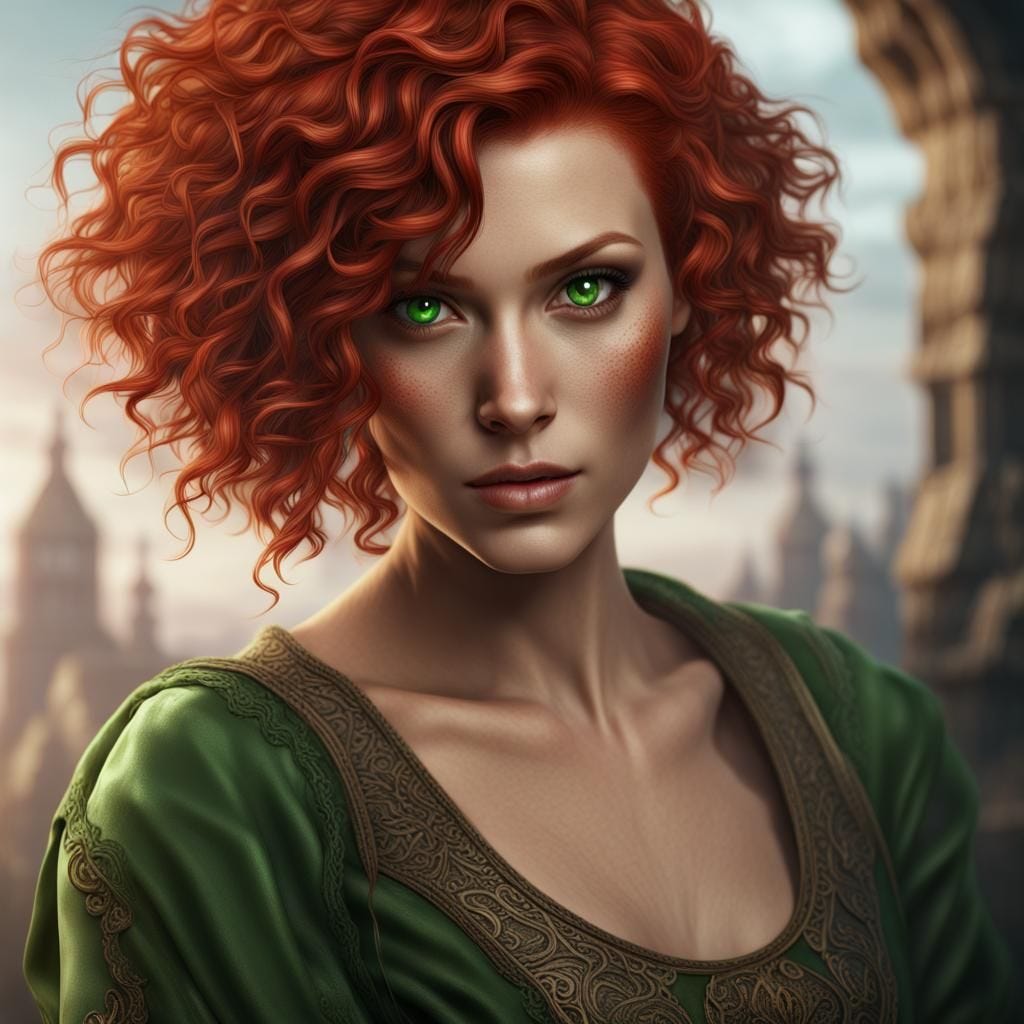woman with short curly red hair and green eyes