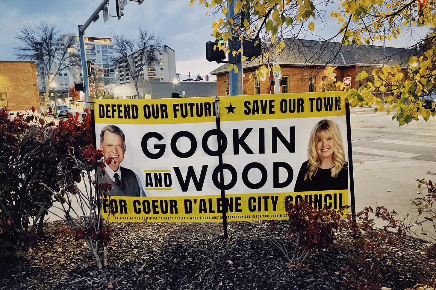 A campaign yard sign in Coeur d'Alene, Idaho.