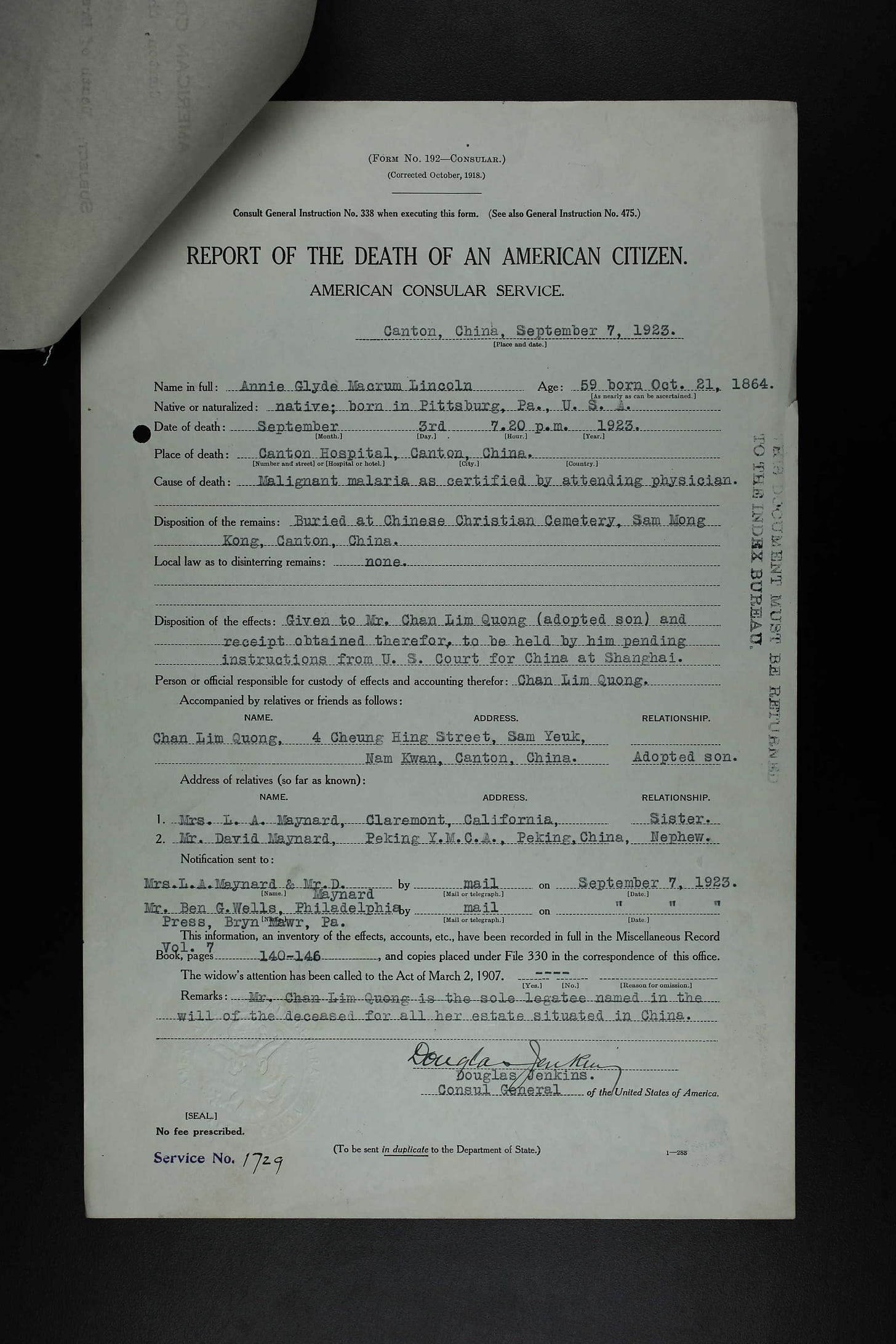 Report of the death of an american citizen, American Consular Service Canton China September 7 1923 Annie Glyde Macrum Lincoln