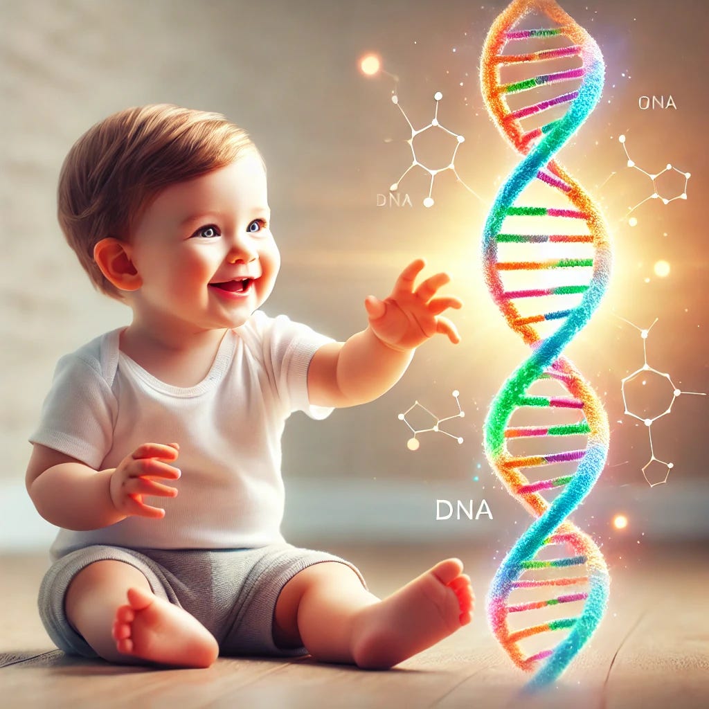 A cute baby sitting on the floor, reaching out playfully toward a colorful DNA double helix strand that hovers in front of them. The baby is smiling and curious, with soft lighting giving a warm, inviting atmosphere. The DNA strand is brightly colored with a gentle glow, symbolizing genetics and the future of personalized medicine. Background is simple and softly blurred, focusing attention on the baby and DNA strand.