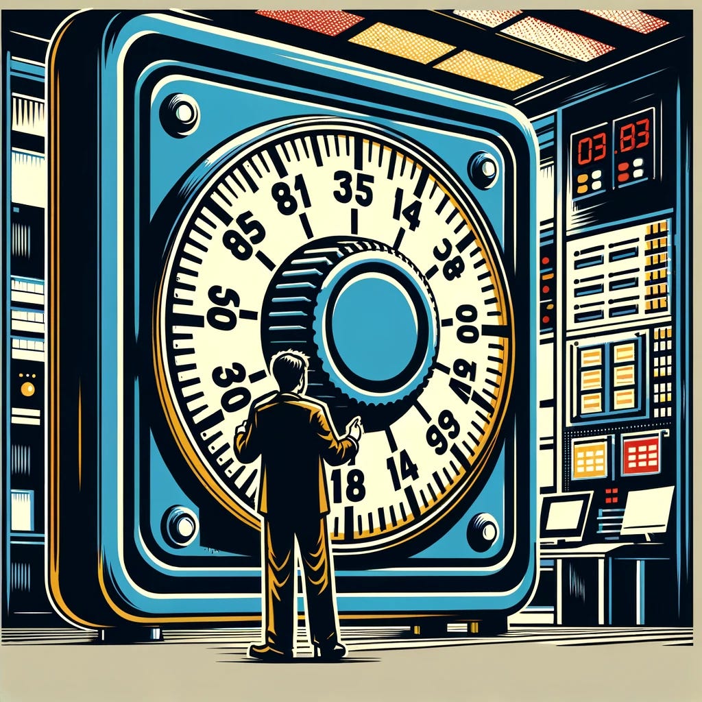 A person standing in front of a giant combination lock, entering a password, depicted in a silk screen style. The combination lock is massive, with large, numbered dials. The person is turning one of the dials, focused on the task. The background shows a high-tech security room with various control panels and screens. The colors are bold and vibrant, with a simplified, graphic look typical of silk screen art.