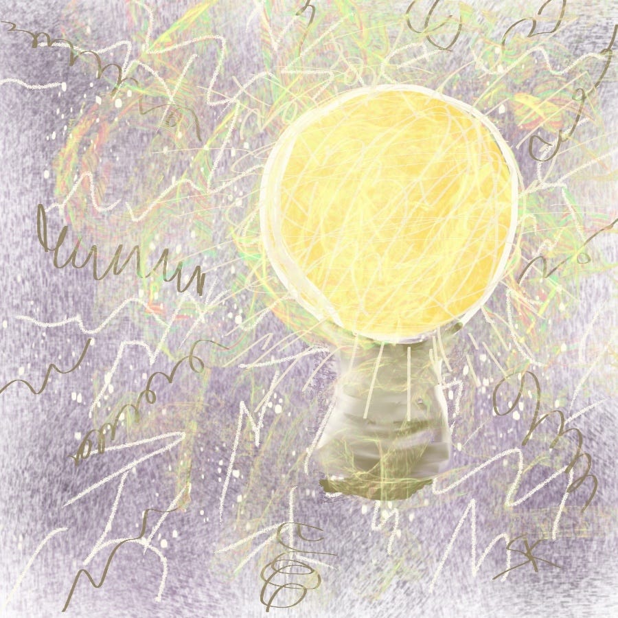 Painting by Sherry Killam Arts showing explosive yellow energy from a lightbulb connecting neurons in the brain.