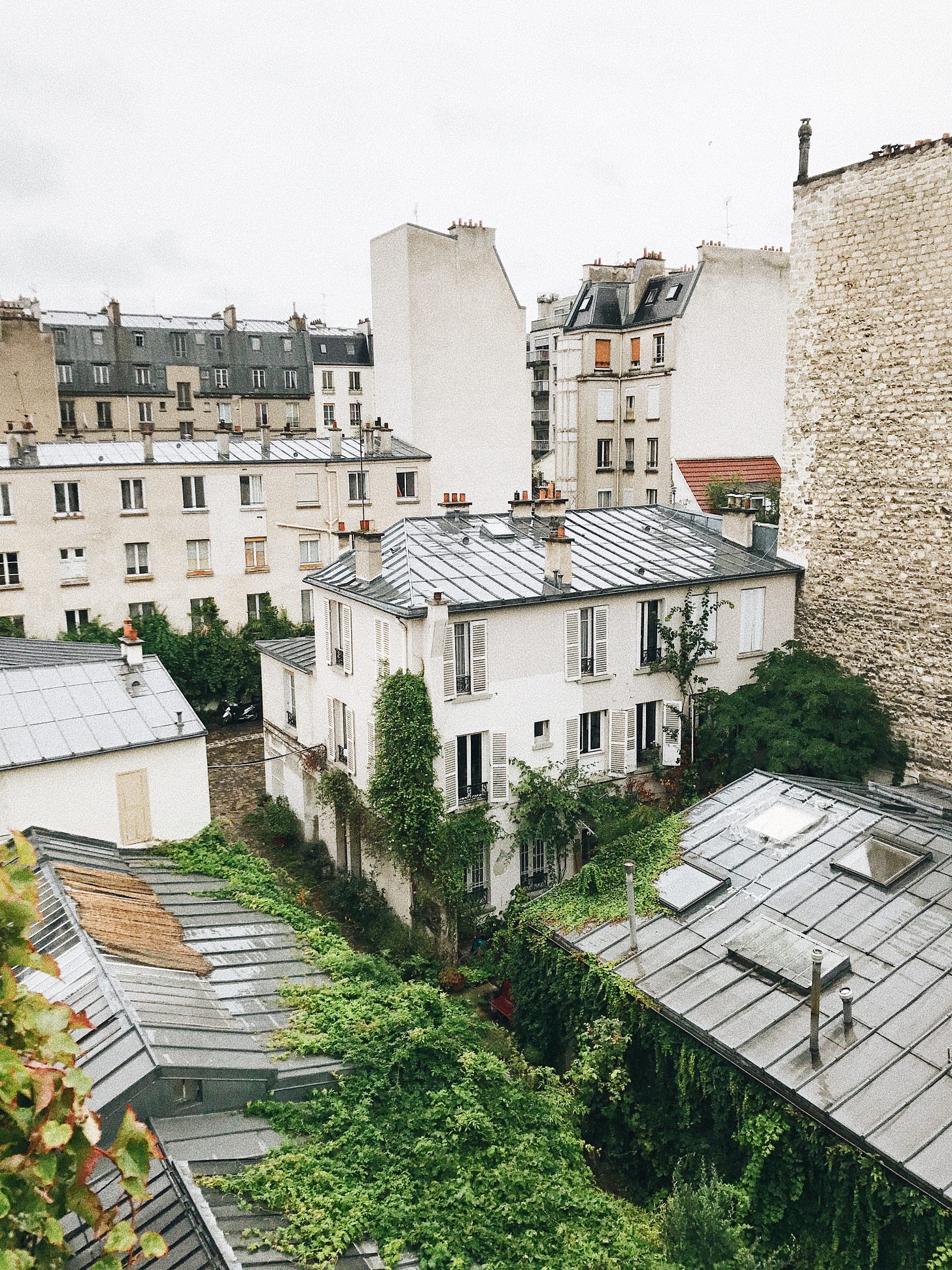A balcony view from an apartment in Paris overlooking other white brick and concrete buildings with white shutters on most of the windows. The sky is cloudy, and the dark metal rooftops are glistening from rain.