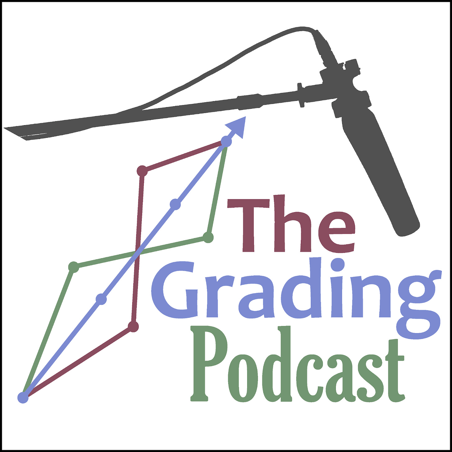 "The Grading Podcast" logo, with an arrow and a microphone.