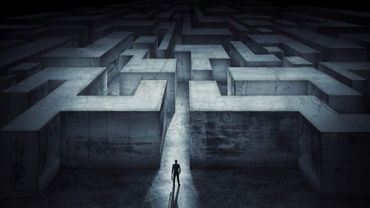 A person standing at the beginning of a maze. 