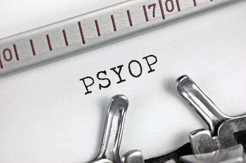 Psychological operations acronym PSYOP text macro closeup, typewriter typed behavior reasoning tactical selected operational discourage information planning concept, audience influence operation newsletter bulletin notice, confidential document memo messa