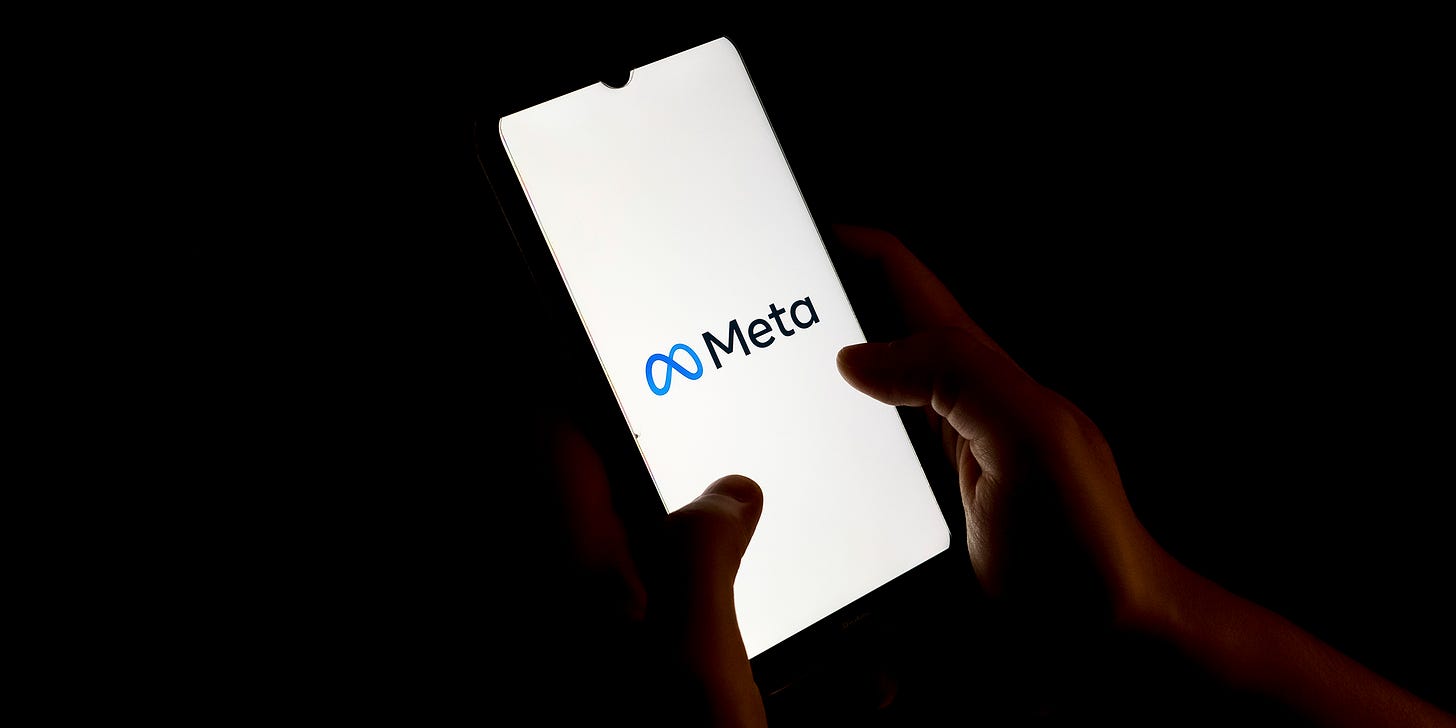 In this photo illustration a Meta logo seen displayed on a smartphone screen in Chania, Greece on August 23, 2023. (Photo illustration by Nikolas Kokovlis/NurPhoto via AP)